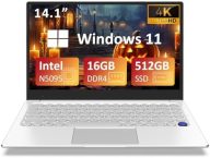 Auusda Laptop Computer with 16GB DDR4 512GB SSD, Intel Celeron N5095 Up to 2.9 GHz, 14.1″ 3840×2160 4K IPS, BK, Fingerprint Unlock, Cooling Fan, Webcam, Mini HDMI, USB-A x 3, USB-C, Windows 11 Pro